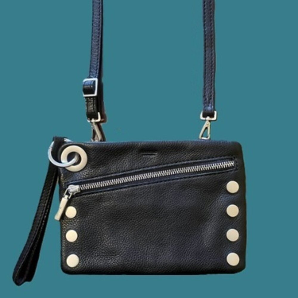 *NEW* Hammitt Black Leather and Brushed Silver Small Nash Wristlet Crossbody Bag